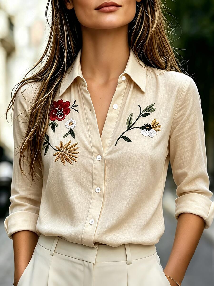 Selamara 女款花卉刺繡翻領前扣襯衫,優雅長袖上衣,適合日常辦公穿著,女款休閒通勤開襟襯衫,女款花卉刺繡翻領開襟長袖上衣,優雅日常辦公襯衫 - 彩色 - 查看 1