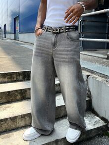 Manfinity EMRG Men's Grey Letter Embroidered Casual Y2k Graphic Loose Wide Leg Denim Jeans Rave Vacation Grey Autumn - Light Grey - View 2