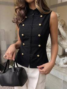 Aloruh Women's Zipper Placket Button Design Suit Vest Fall For Women Autumn Black Napoleonic-Style Vest - Black - View 4