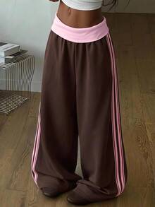 Teen Girl Side Stripe Wide Leg Loose Casual Sweatpants - Coffee Brown - View 9