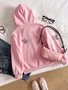 SHEIN Tween Girls Sweatshirt, Pink, Loose Fit, Warm For Autumn/Winter, Fashionable & Versatile, Casual, Winter, Hooded, Fleece Lined, Autumn, Zipper, Comfortable, Everyday - Pink - View 2