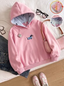 SHEIN Tween Girls Sweatshirt, Pink, Loose Fit, Warm For Autumn/Winter, Fashionable & Versatile, Casual, Winter, Hooded, Fleece Lined, Autumn, Zipper, Comfortable, Everyday - Pink - View 7