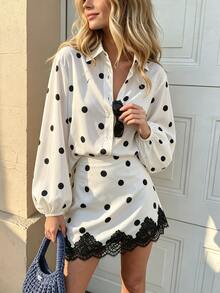 SHEIN PariChic Kemeja Lengan Lentera Motif Polkadot dan Rok Berhiaskan Renda - Aprikot - View 6