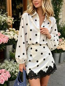 SHEIN PariChic Kemeja Lengan Lentera Motif Polkadot dan Rok Berhiaskan Renda - Aprikot - View 4