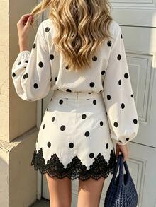 SHEIN PariChic Kemeja Lengan Lentera Motif Polkadot dan Rok Berhiaskan Renda - Aprikot - View 2