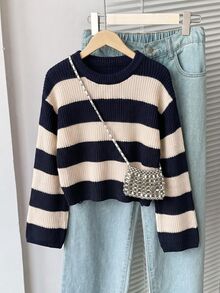 Tween Girl Autumn/Winter Sweater Knit Top, Round Neck, Thick Stripes, Color Block, Fashion New Arrival - Navy Blue - View 7