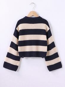 Tween Girl Autumn/Winter Sweater Knit Top, Round Neck, Thick Stripes, Color Block, Fashion New Arrival - Navy Blue - View 2