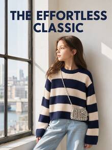 Tween Girl Autumn/Winter Sweater Knit Top, Round Neck, Thick Stripes, Color Block, Fashion New Arrival - Navy Blue - View 3