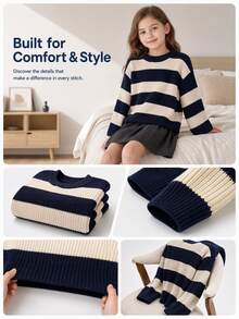 Tween Girl Autumn/Winter Sweater Knit Top, Round Neck, Thick Stripes, Color Block, Fashion New Arrival - Navy Blue - View 4