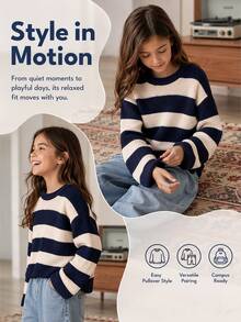 Tween Girl Autumn/Winter Sweater Knit Top, Round Neck, Thick Stripes, Color Block, Fashion New Arrival - Navy Blue - View 6