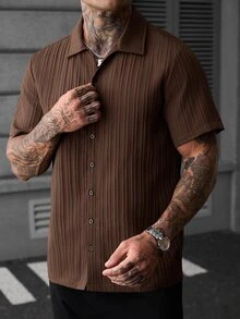 Manfinity CasualCool 男士休閒純色棕色短袖單排扣襯衫，街頭風，夏季 - 棕色 - 查看 7