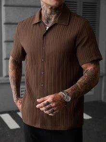 Manfinity CasualCool 男士休閒純色棕色短袖單排扣襯衫，街頭風，夏季 - 棕色 - 查看 3