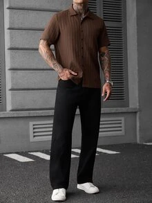 Manfinity CasualCool 男士休閒純色棕色短袖單排扣襯衫，街頭風，夏季 - 棕色 - 查看 6