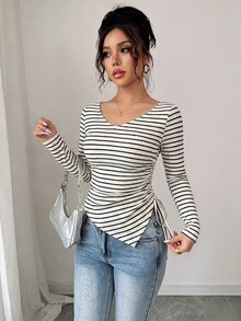 SHEIN Ladies' Autumn-Winter Ribbed T-Shirt With Cross-Front Placket And Drawstring,An Elegant And Simple Commute Top For Office Wear.Elegant Top,Ribbed Top - Apricot - View 5
