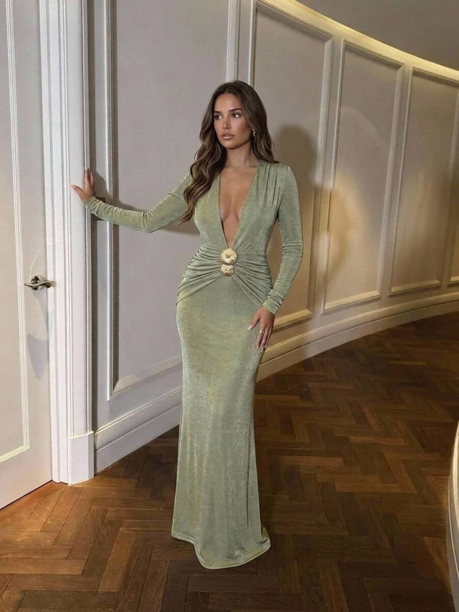 Aloruh Gaun Lengan Panjang Seksi Berwarna Hijau Muda dengan Leher V Dalam untuk Liburan dan Kencan - Olive Green - View 1
