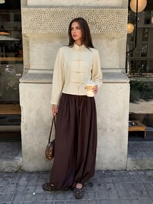 Aloruh 奶油白編織青蛙鈕扣夾克，70年代復古優雅女款秋季服飾，適合秋冬穿搭，中式風格，日常、派對、夜晚、辦公室適用 - 淡黃色 - 查看 7
