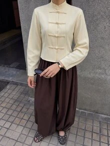 Aloruh 奶油白編織青蛙鈕扣夾克，70年代復古優雅女款秋季服飾，適合秋冬穿搭，中式風格，日常、派對、夜晚、辦公室適用 - 淡黃色 - 查看 5