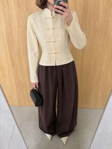 Aloruh 奶油白編織青蛙鈕扣夾克，70年代復古優雅女款秋季服飾，適合秋冬穿搭，中式風格，日常、派對、夜晚、辦公室適用 - 淡黃色 - 查看 6