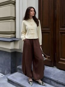 Aloruh 奶油白編織青蛙鈕扣夾克，70年代復古優雅女款秋季服飾，適合秋冬穿搭，中式風格，日常、派對、夜晚、辦公室適用 - 淡黃色 - 查看 8