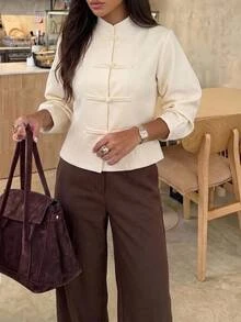 Aloruh 奶油白編織青蛙鈕扣夾克，70年代復古優雅女款秋季服飾，適合秋冬穿搭，中式風格，日常、派對、夜晚、辦公室適用 - 淡黃色 - 查看 4