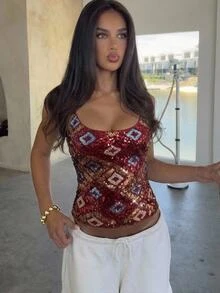 Aloruh 女款幾何亮片時尚修身細肩帶背心，夏季可愛上衣，適合演唱會、夜店、派對、夜晚外出，閃亮紅金配色，性感 Y2K 風格 - 酒紅色 - 查看 5