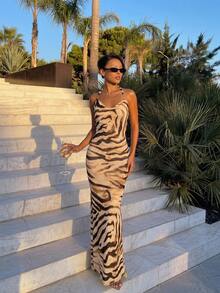 Firerie Women's Tropical Backless Beaded Bodycon Dress With Zebra Print Mesh, Suitable For Beach Vacation, Vacation, Date, Party Brown Zebra Print Summer - Multicolor - View 9