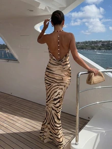 Firerie Women's Tropical Backless Beaded Bodycon Dress With Zebra Print Mesh, Suitable For Beach Vacation, Vacation, Date, Party Brown Zebra Print Summer - Multicolor - View 7
