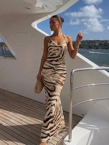 Firerie Women's Tropical Backless Beaded Bodycon Dress With Zebra Print Mesh, Suitable For Beach Vacation, Vacation, Date, Party Brown Zebra Print Summer - Multicolor - View 2