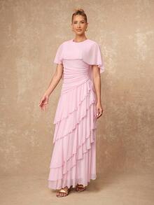 Lumalex Fall Winter Soft Flowy Mesh Multi-Layer Asymmetrical Ruffle Waist-Cinching Shawl Long Dress For Women Dawn-To-Gala Elegant Poised Let Your Beauty Shin - Pink - View 7