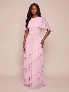 Lumalex Fall Winter Soft Flowy Mesh Multi-Layer Asymmetrical Ruffle Waist-Cinching Shawl Long Dress For Women Dawn-To-Gala Elegant Poised Let Your Beauty Shin - Pink - View 4