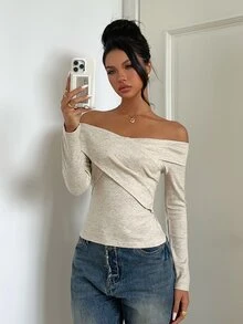 Aloruh Cold Shoulder Wrap Cross Tee Autumn Clothing Going Out Tops Work Outfits For Women Casual Elegant Blouses For Women Beige - Apricot - View 6