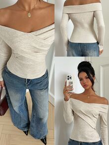 Aloruh Cold Shoulder Wrap Cross Tee Autumn Clothing Going Out Tops Work Outfits For Women Casual Elegant Blouses For Women Beige - Apricot - View 3