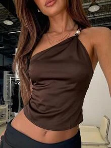 Aloruh 女款優雅性感不對稱領口收腰修身蕾絲拼接深棕色純色洋裝，適合外出派對夏季穿著 - 棕色 - 查看 2