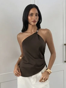 Aloruh 女款優雅性感不對稱領口收腰修身蕾絲拼接深棕色純色洋裝，適合外出派對夏季穿著 - 棕色 - 查看 5