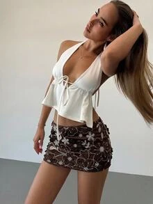 Aloruh 女款花卉圖案休閒性感 Y2K 迪斯可優雅百搭日常穿著裙 約會之夜派對棕色花卉夏季亮片裙 - 咖啡棕 - 查看 3