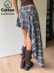 Aloruh Rok Hem Asimetris Motif Kotak-kotak, Gaya Preppy, Musim Kembali ke Sekolah - MultiWarna - View 2