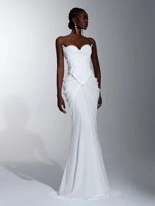 Elitara Elegant White Luxurious Satin Chiffon Hand-Embroidered Applique Strapless 2 In 1 Mermaid Floor-Length Evening Gown For Wedding Spring - White - View 7