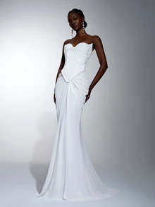 Elitara Elegant White Luxurious Satin Chiffon Hand-Embroidered Applique Strapless 2 In 1 Mermaid Floor-Length Evening Gown For Wedding Spring - White - View 6