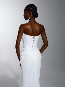 Elitara Elegant White Luxurious Satin Chiffon Hand-Embroidered Applique Strapless 2 In 1 Mermaid Floor-Length Evening Gown For Wedding Spring - White - View 8