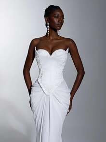 Elitara Elegant White Luxurious Satin Chiffon Hand-Embroidered Applique Strapless 2 In 1 Mermaid Floor-Length Evening Gown For Wedding Spring - White - View 2