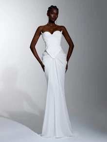 Elitara Elegant White Luxurious Satin Chiffon Hand-Embroidered Applique Strapless 2 In 1 Mermaid Floor-Length Evening Gown For Wedding Spring - White - View 3