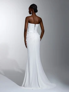 Elitara Elegant White Luxurious Satin Chiffon Hand-Embroidered Applique Strapless 2 In 1 Mermaid Floor-Length Evening Gown For Wedding Spring - White - View 4