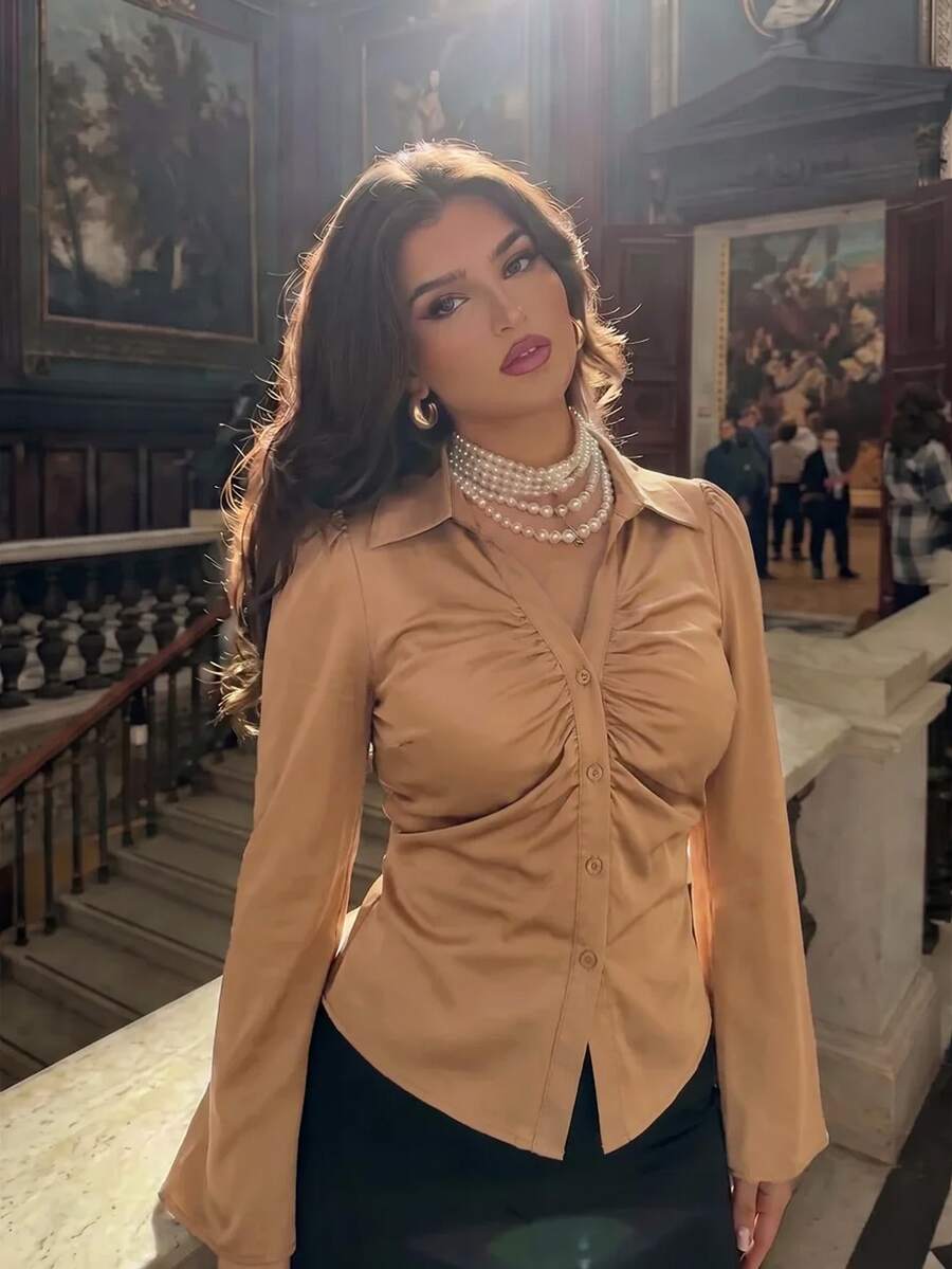 SHEIN MOD Plus Size Women V-Neck Ruffle Flared Sleeve Blouse, Waist Cinched,Camel Long Sleeve Shirt Fall - Camel - View 1