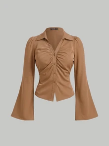 SHEIN MOD Plus Size Women V-Neck Ruffle Flared Sleeve Blouse, Waist Cinched,Camel Long Sleeve Shirt Fall - Camel - View 2