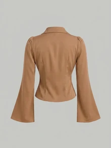 SHEIN MOD Plus Size Women V-Neck Ruffle Flared Sleeve Blouse, Waist Cinched,Camel Long Sleeve Shirt Fall - Camel - View 3