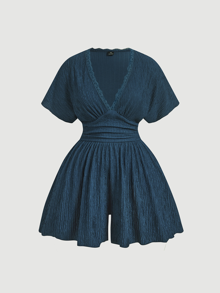 SHEIN MOD Plus Size Women's V-Neck Lace Trim Batwing Sleeve Jumpsuit, Apricot, Casual Wear - Teal Blue - View 2