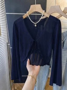 SHEIN MOD 大尺碼 V 領喇叭袖綁結蝴蝶結上衣 白色秋季上衣 - 藏蓝色 - 查看 8