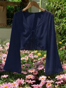 SHEIN MOD 大尺碼 V 領喇叭袖綁結蝴蝶結上衣 白色秋季上衣 - 藏蓝色 - 查看 6
