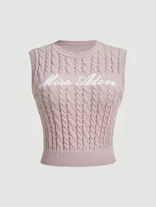 SHEIN MOD Plus Size Women's Letter Print Cable Knit Sleeveless Top - Dusty Pink - View 1