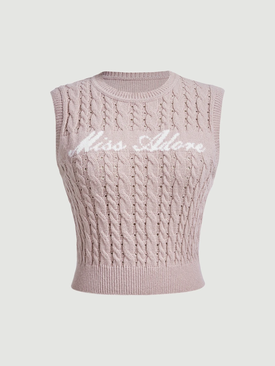 SHEIN MOD Plus Size Women's Letter Print Cable Knit Sleeveless Top - Dusty Pink - View 1